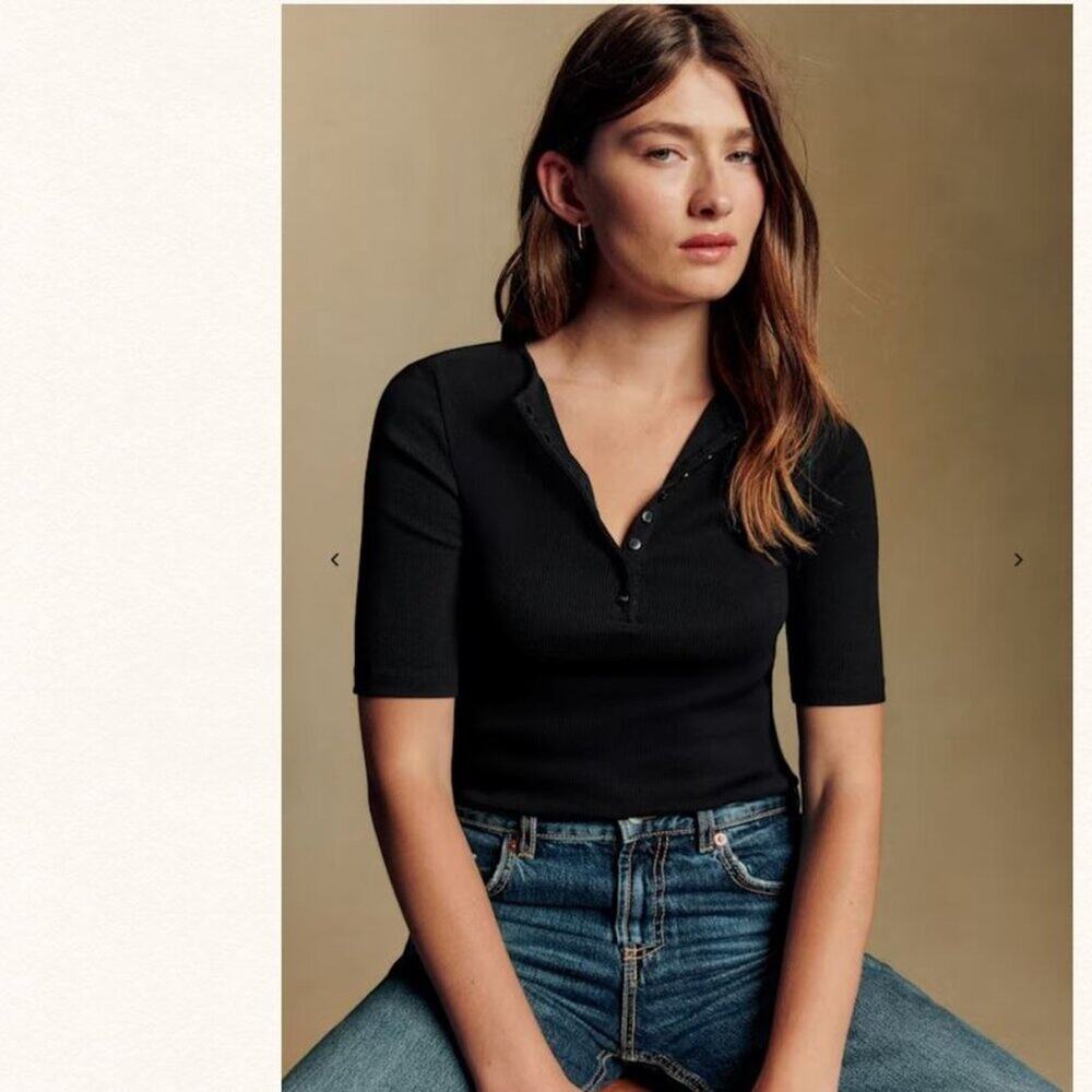 Sezane Black Ribbed Short Sleeve Henley Top